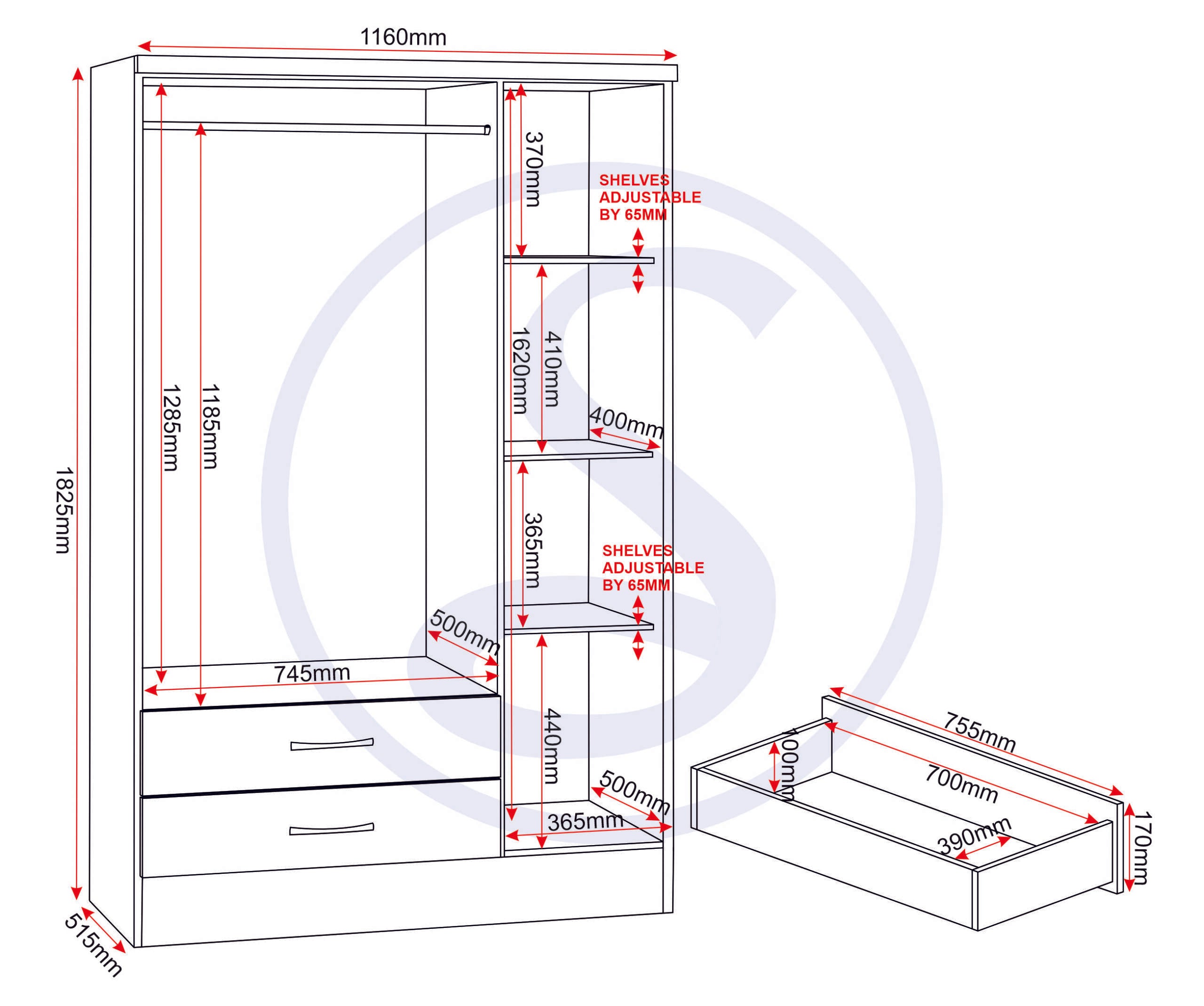 NEVADA 3 DOOR 2 DRAWER WARDROBE - 3D EFFECT GREY