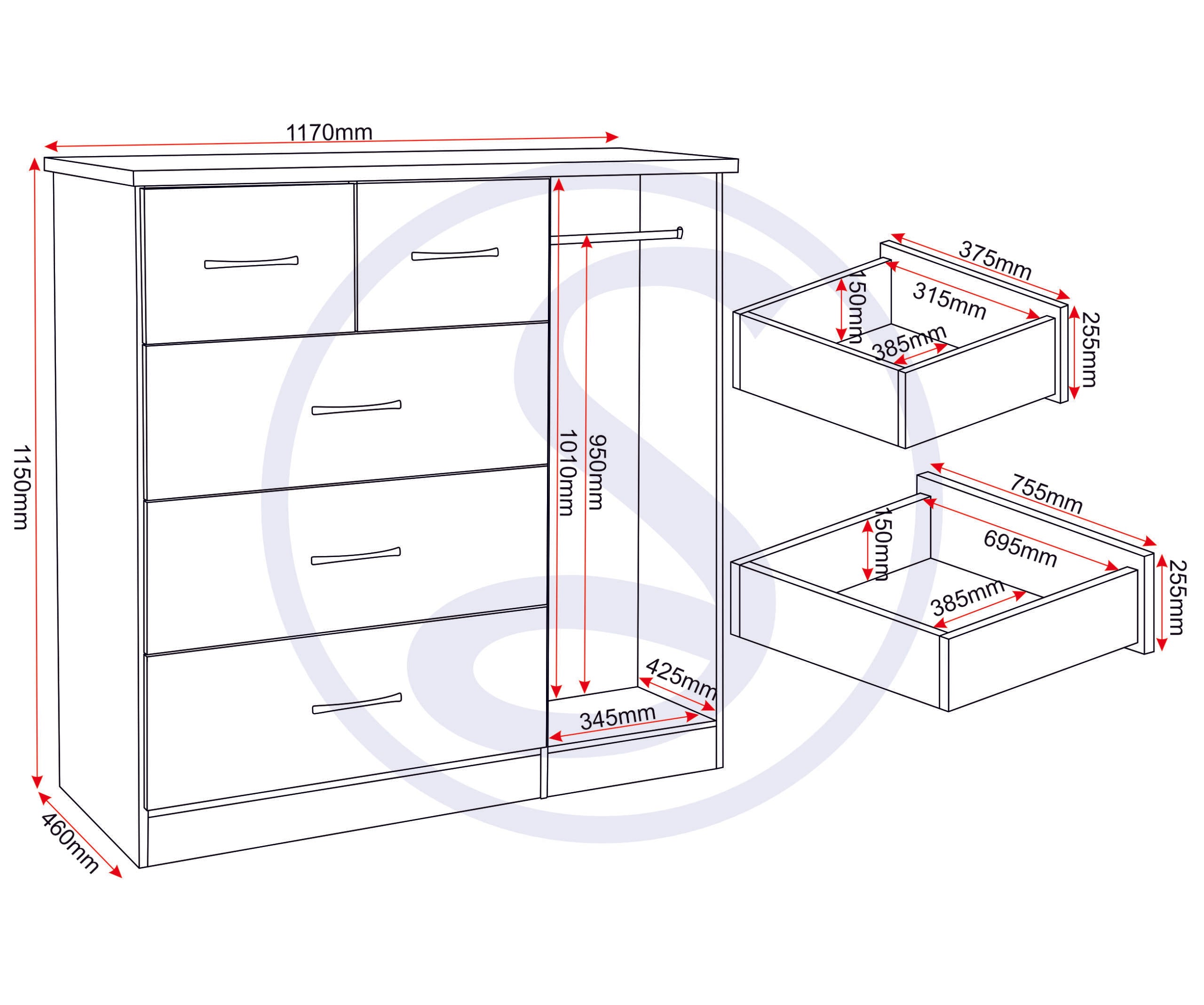 NEVADA 5 DRAWER LOW WARDROBE - BLACK GLOSS