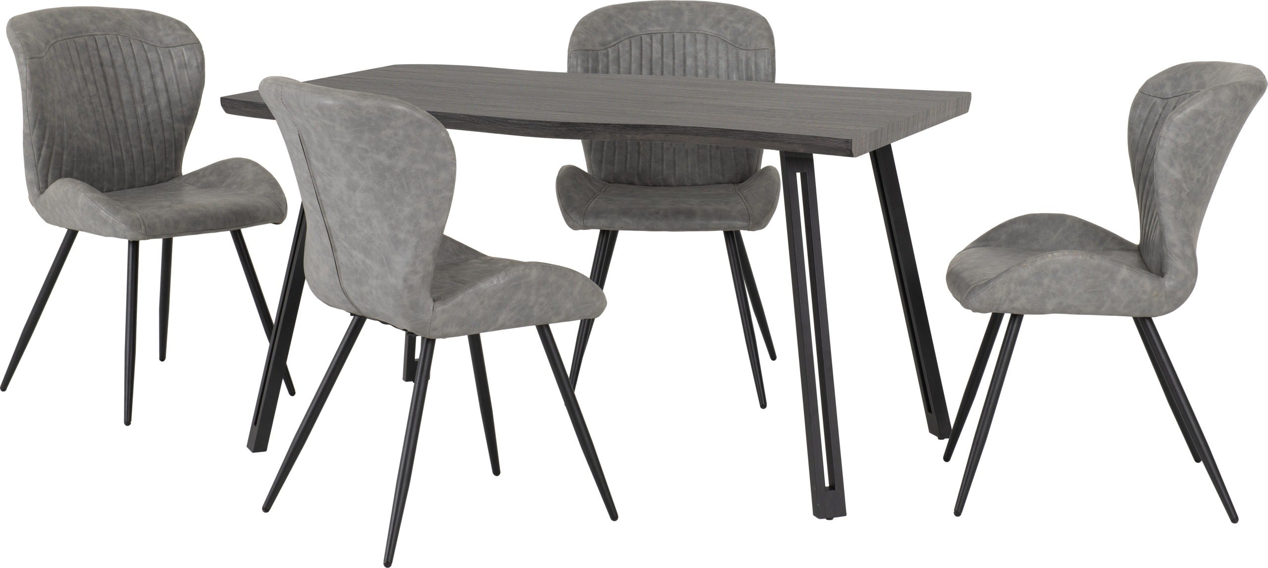 QUEBEC WAVE EDGE DINING SET (X4 CHAIRS) - BLACK WOOD GRAIN/GREY PU