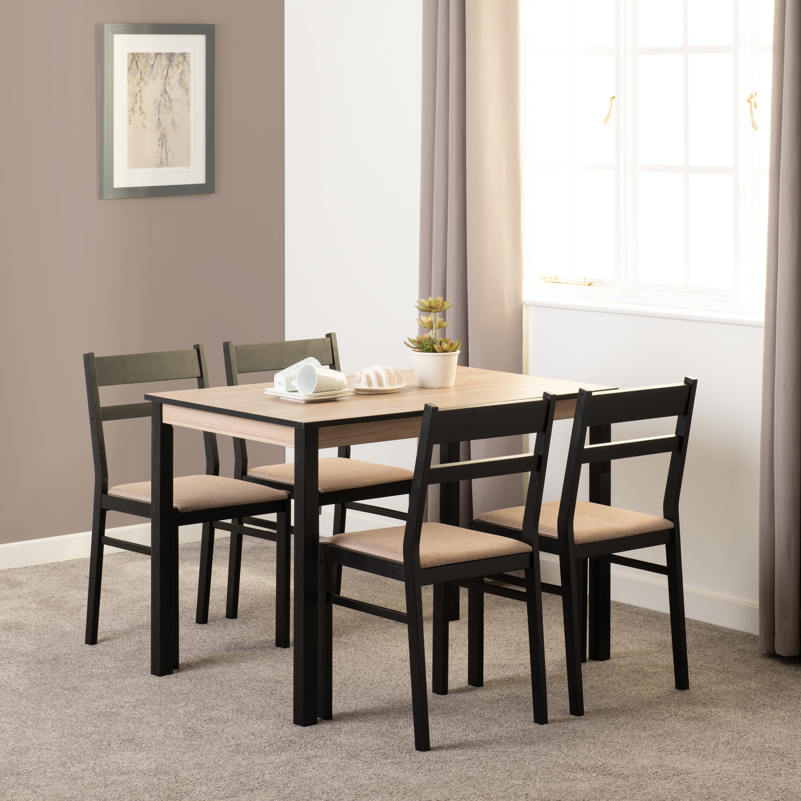 RADLEY 1+4 DINING SET - BLACK/OAK EFFECT/OAT FABRIC