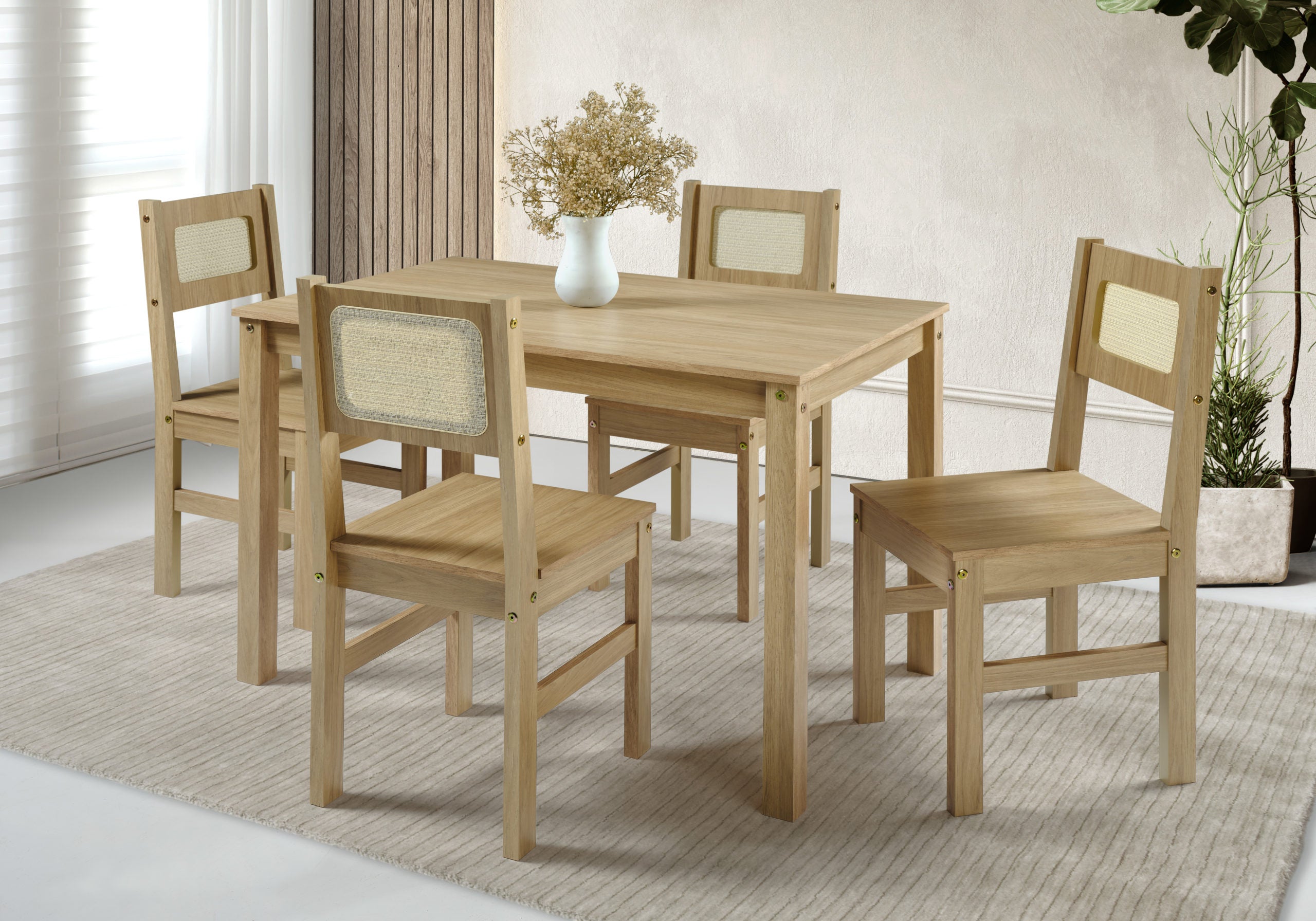 SANTANA 1+4 DINING SET - LIGHT OAK/RATTAN EFFECT