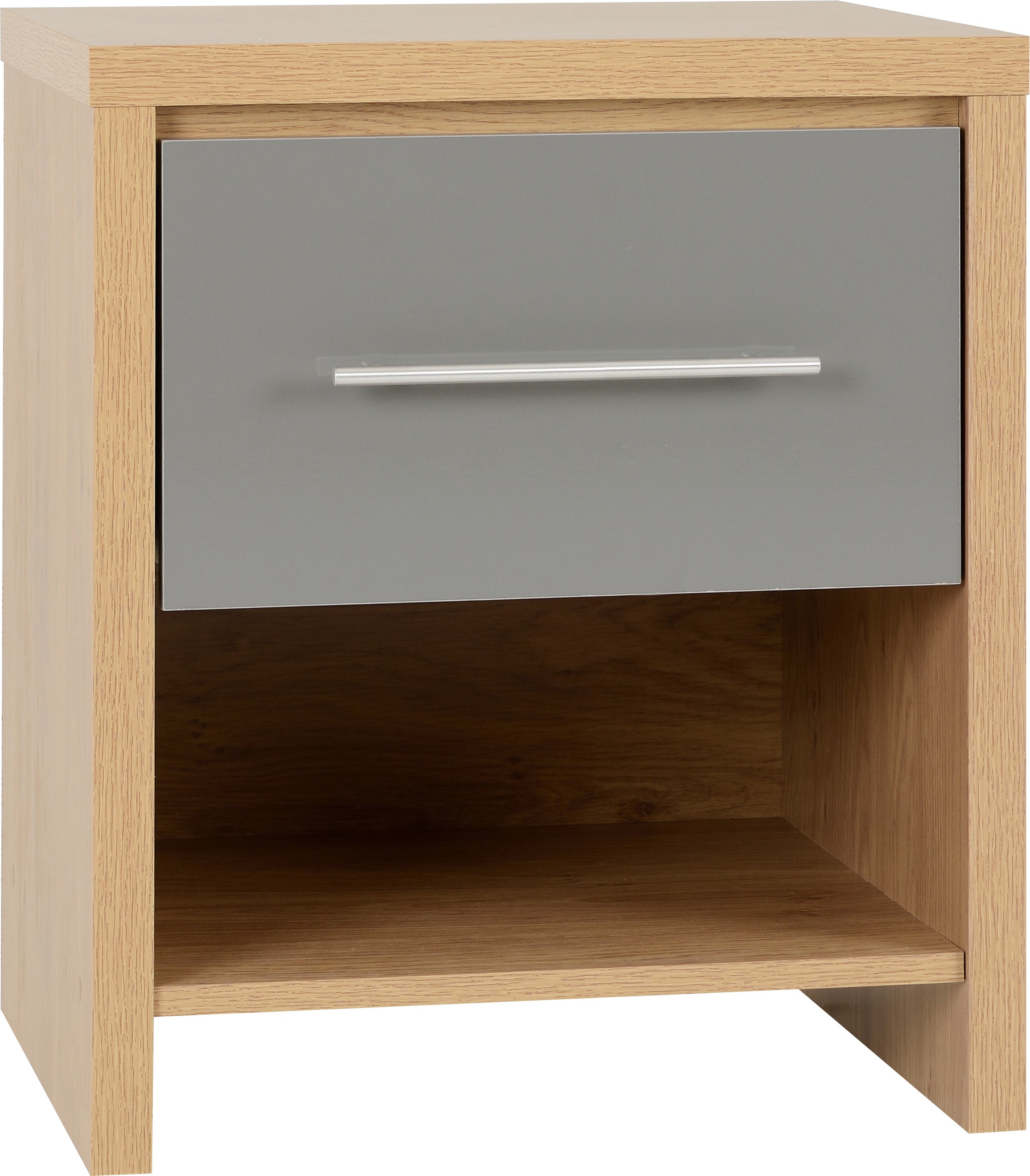 SEVILLE 1 DRAWER BEDSIDE - GREY GLOSS/LIGHT OAK EFFECT VENEER