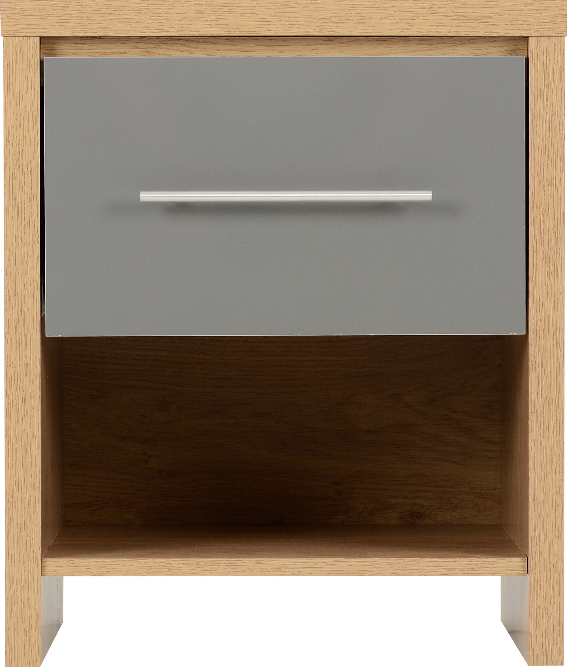 SEVILLE 1 DRAWER BEDSIDE - GREY GLOSS/LIGHT OAK EFFECT VENEER