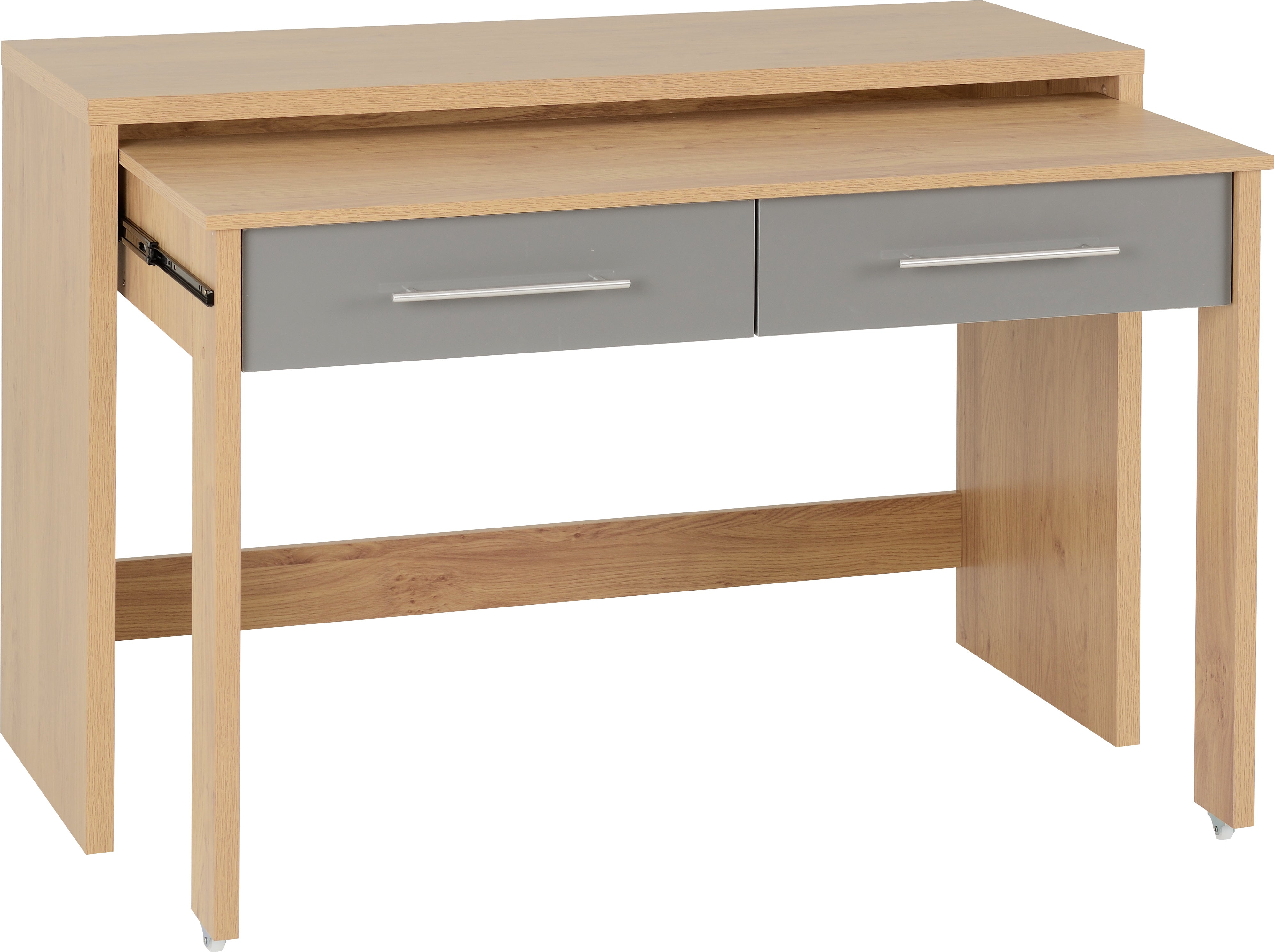 SEVILLE 2 DRAWER SLIDER DESK - GREY GLOSS/LIGHT OAK EFFECT VENEER