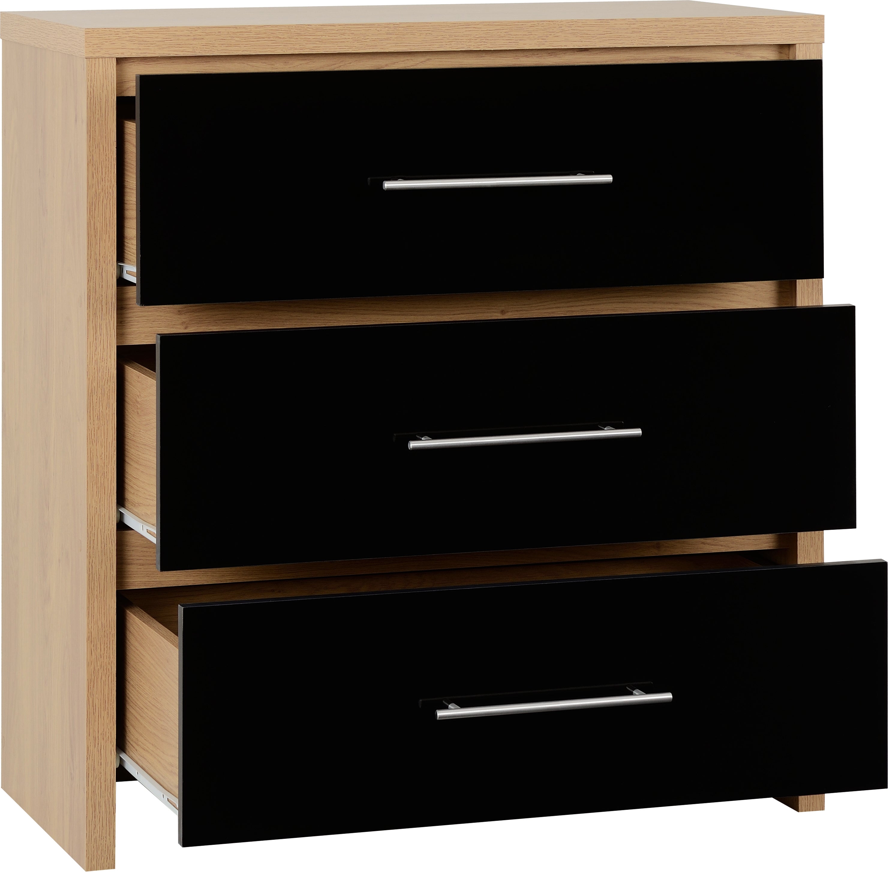 SEVILLE 3 DRAWER CHEST - BLACK GLOSS/LIGHT OAK EFFECT VENEER