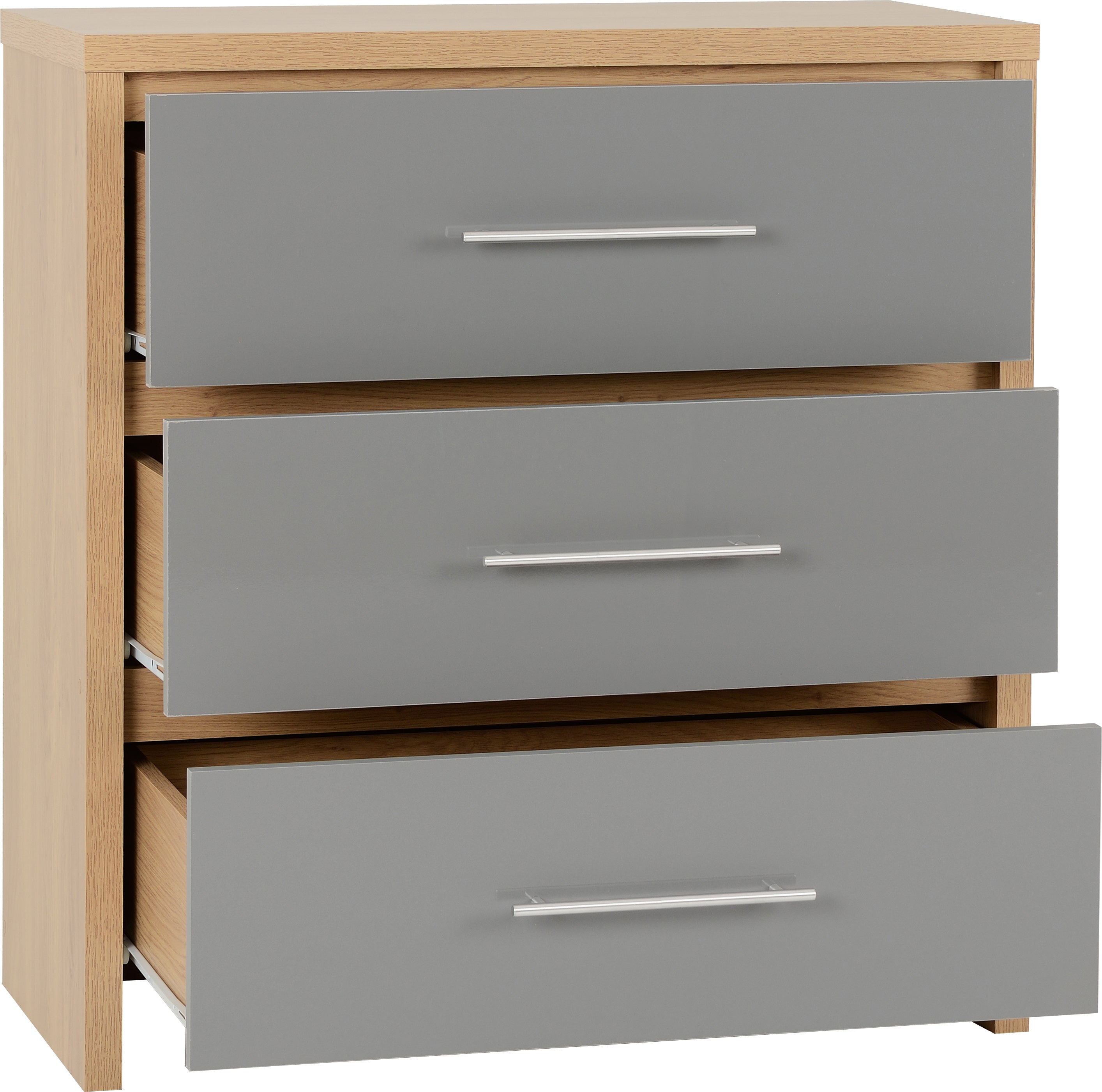 SEVILLE 3 DRAWER CHEST - GREY GLOSS/LIGHT OAK EFFECT VENEER