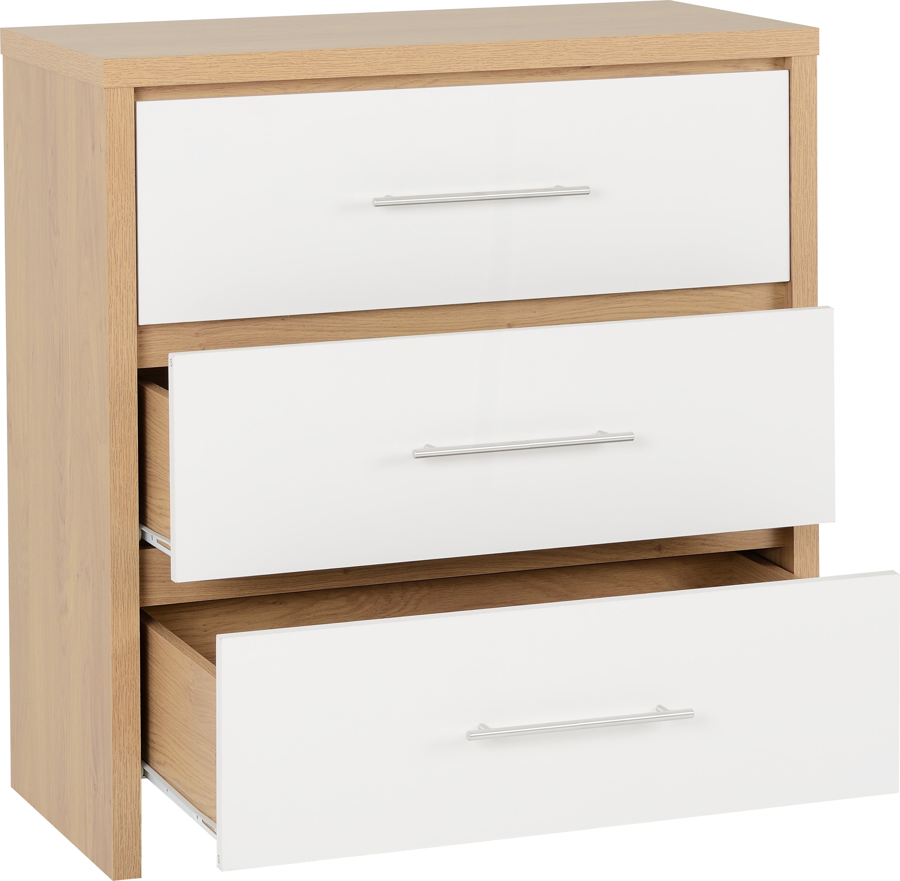 SEVILLE 3 DRAWER CHEST - WHITE GLOSS/LIGHT OAK EFFECT VENEER