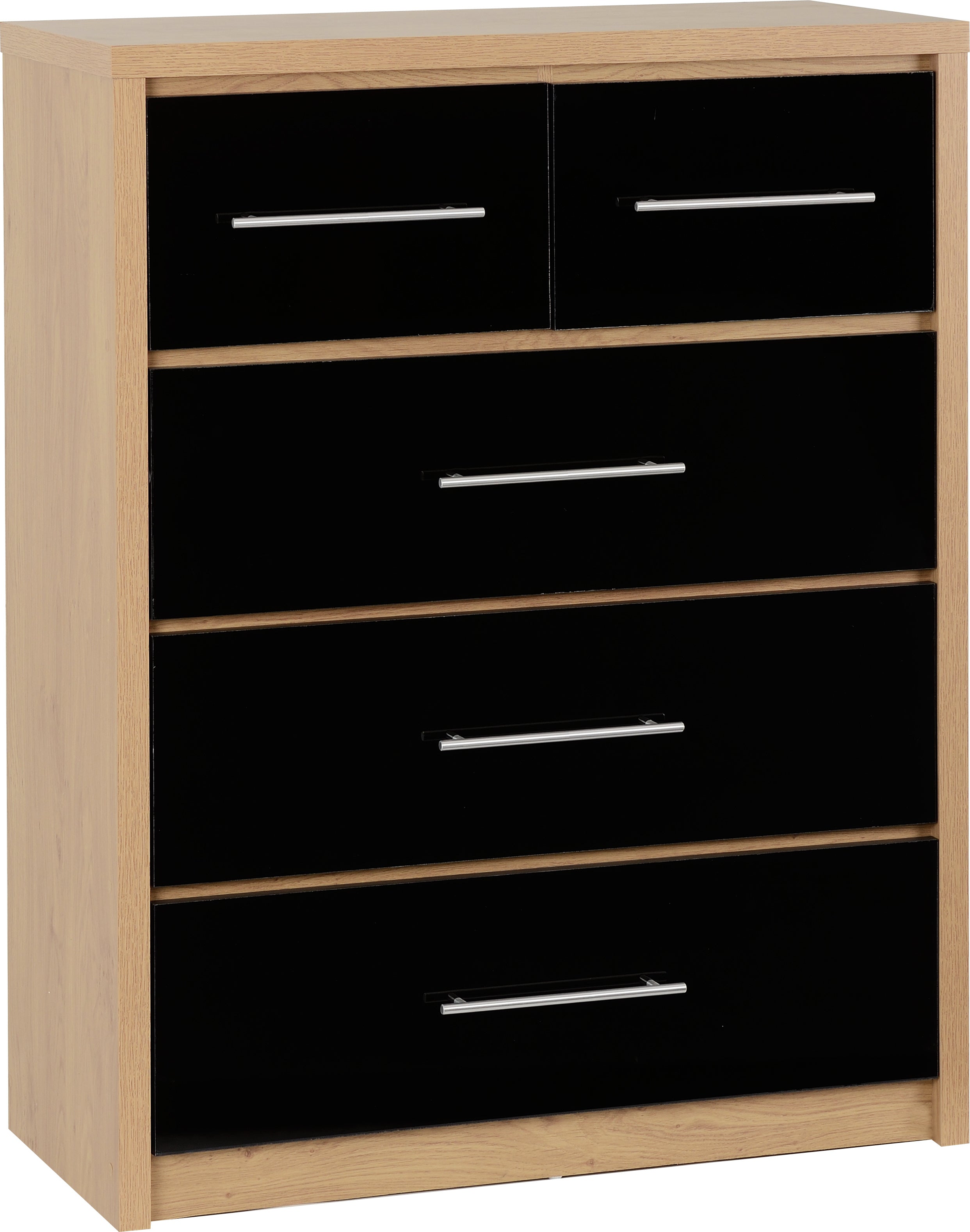 SEVILLE 3+2 DRAWER CHEST - BLACK GLOSS/LIGHT OAK EFFECT VENEER