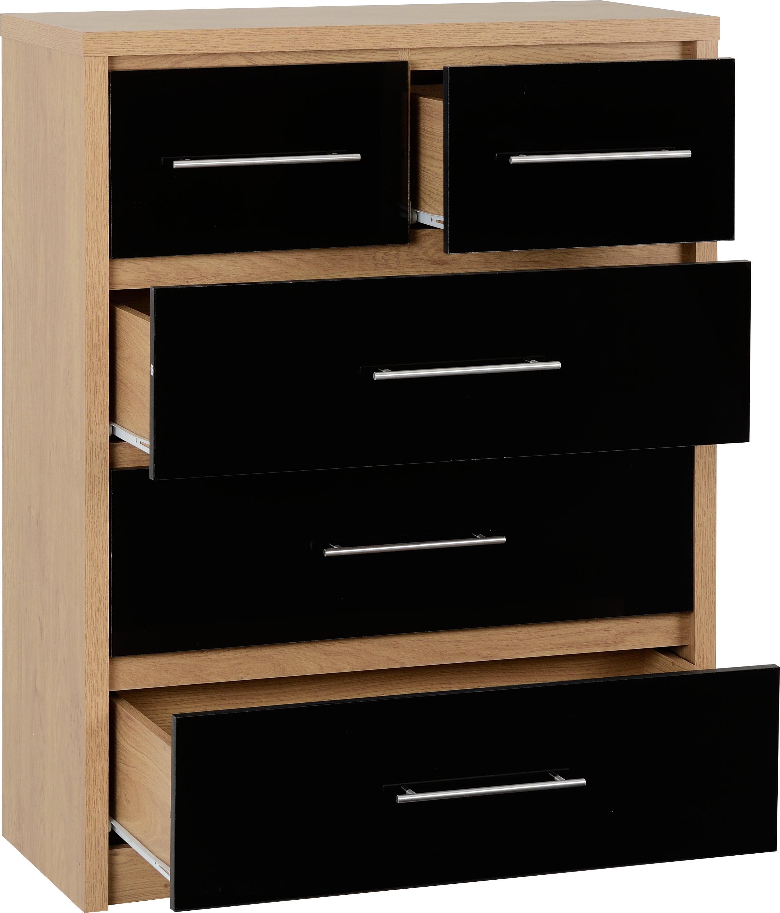 SEVILLE 3+2 DRAWER CHEST - BLACK GLOSS/LIGHT OAK EFFECT VENEER