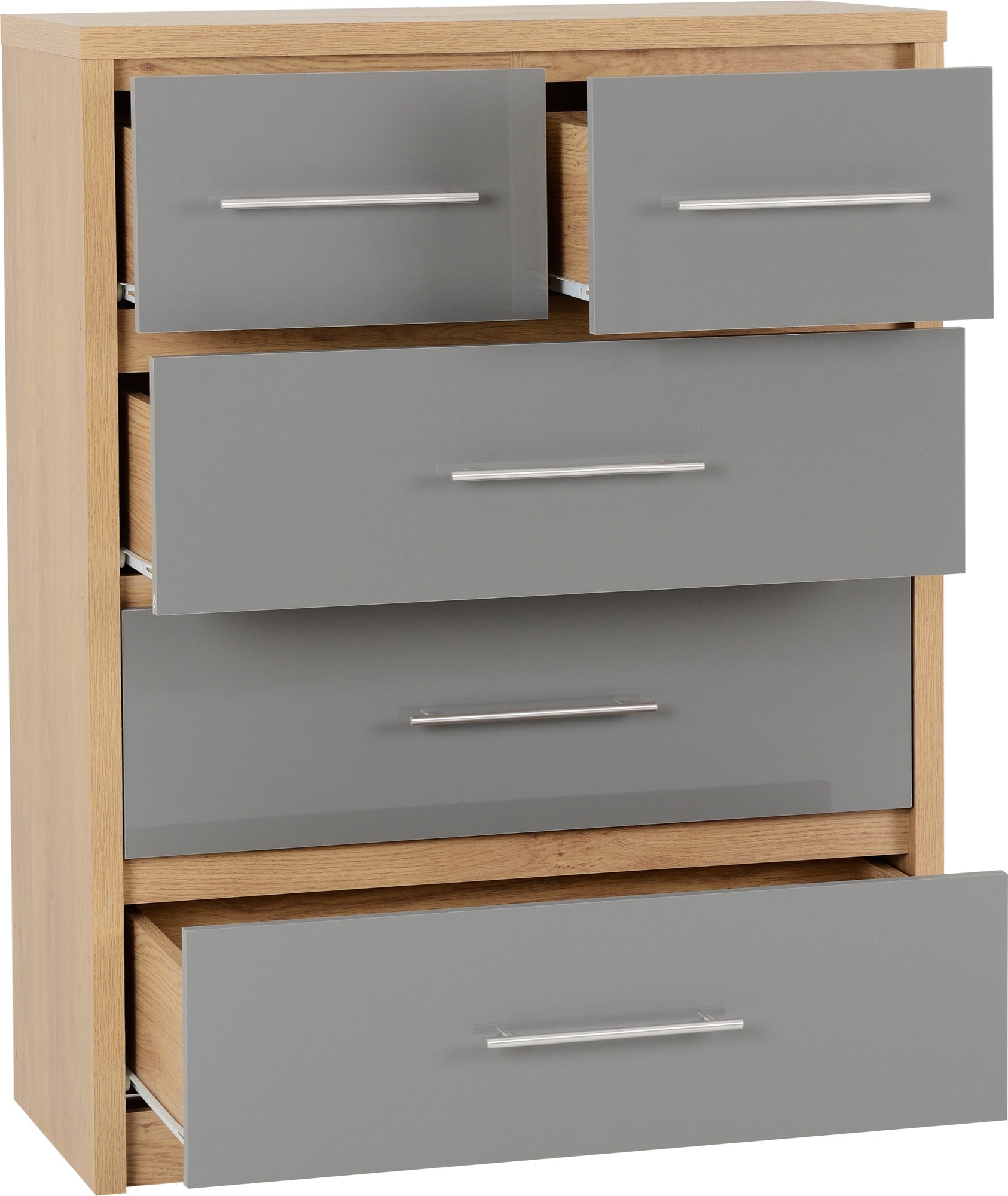 SEVILLE 3+2 DRAWER CHEST - GREY GLOSS/LIGHT OAK EFFECT VENEER