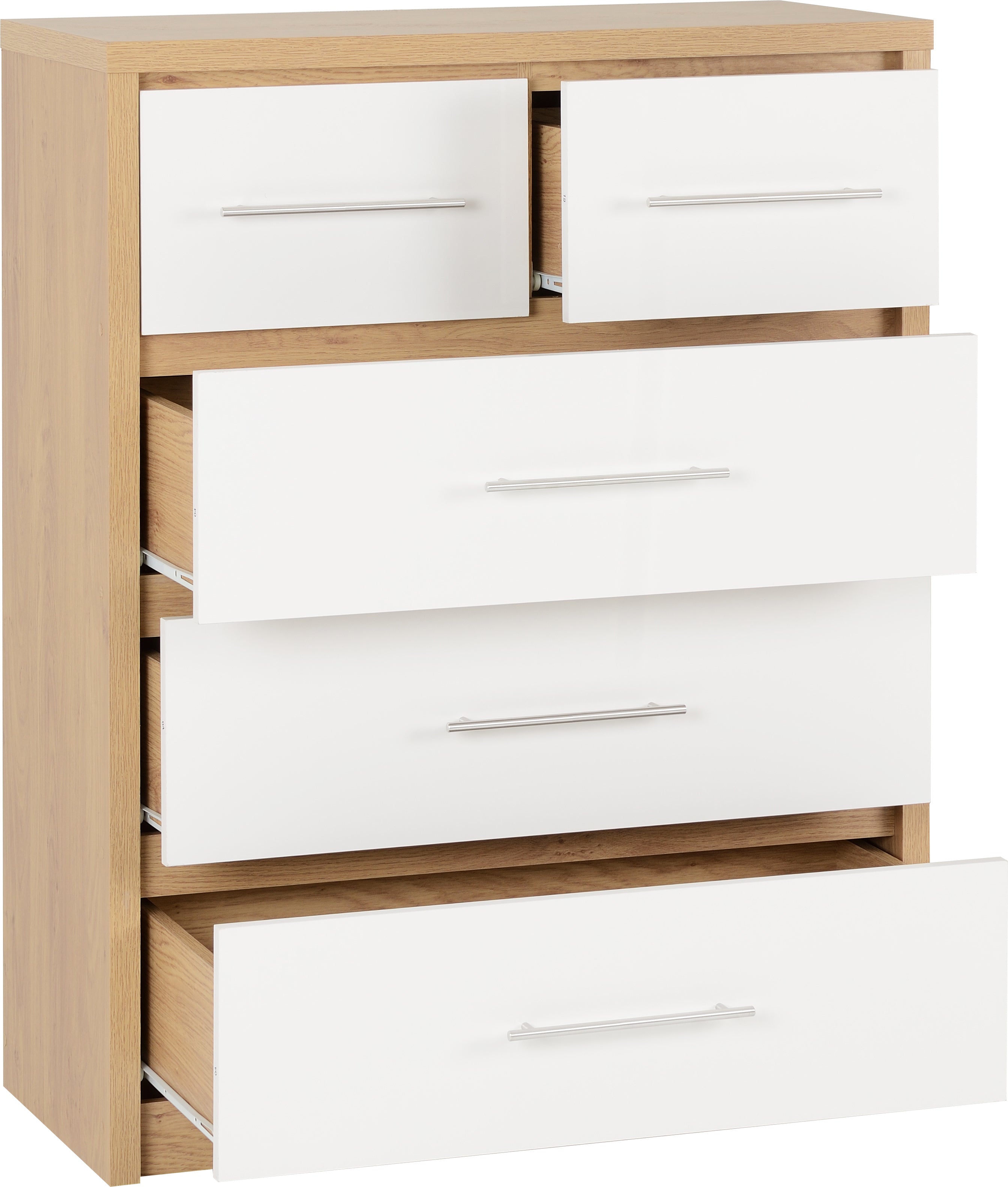 SEVILLE 3+2 DRAWER CHEST - WHITE GLOSS/LIGHT OAK EFFECT VENEER