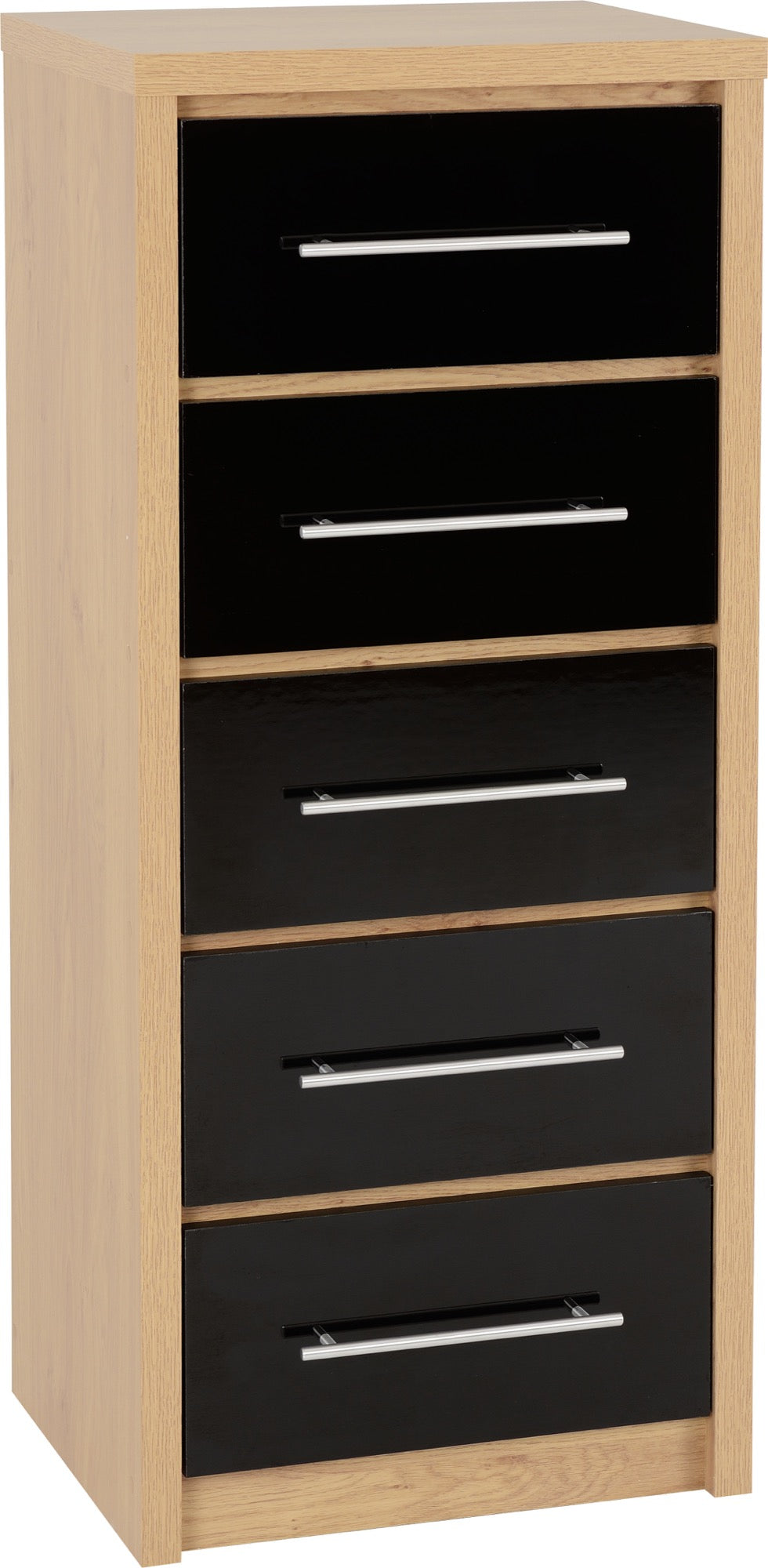 SEVILLE 5 DRAWER NARROW CHEST - BLACK GLOSS/LIGHT OAK EFFECT VENEER