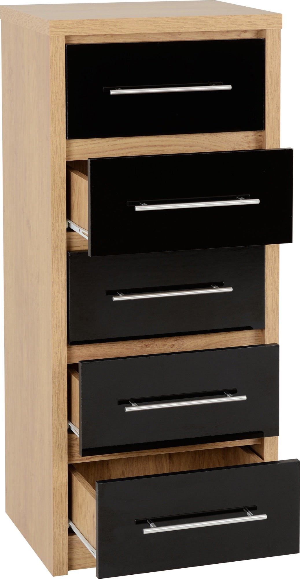 SEVILLE 5 DRAWER NARROW CHEST - BLACK GLOSS/LIGHT OAK EFFECT VENEER