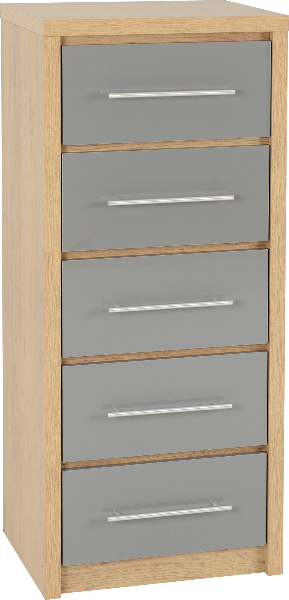 SEVILLE 5 DRAWER NARROW CHEST - GREY GLOSS/LIGHT OAK EFFECT VENEER