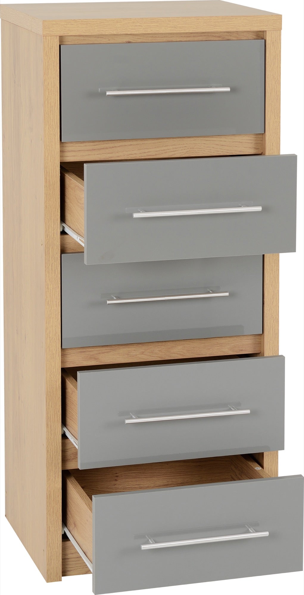 SEVILLE 5 DRAWER NARROW CHEST - GREY GLOSS/LIGHT OAK EFFECT VENEER