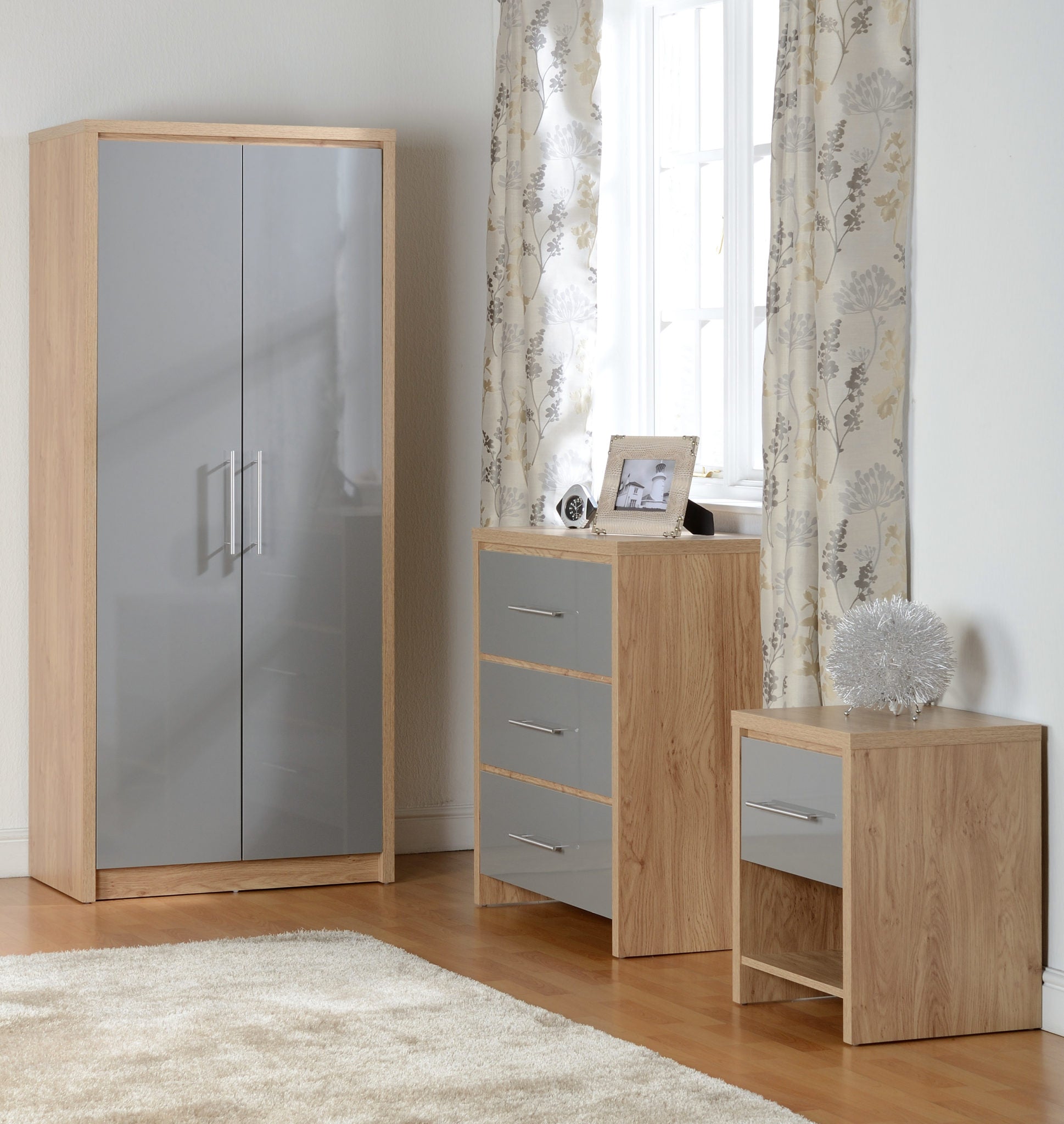 SEVILLE BEDROOM SET - GREY GLOSS/LIGHT OAK EFFECT VENEER