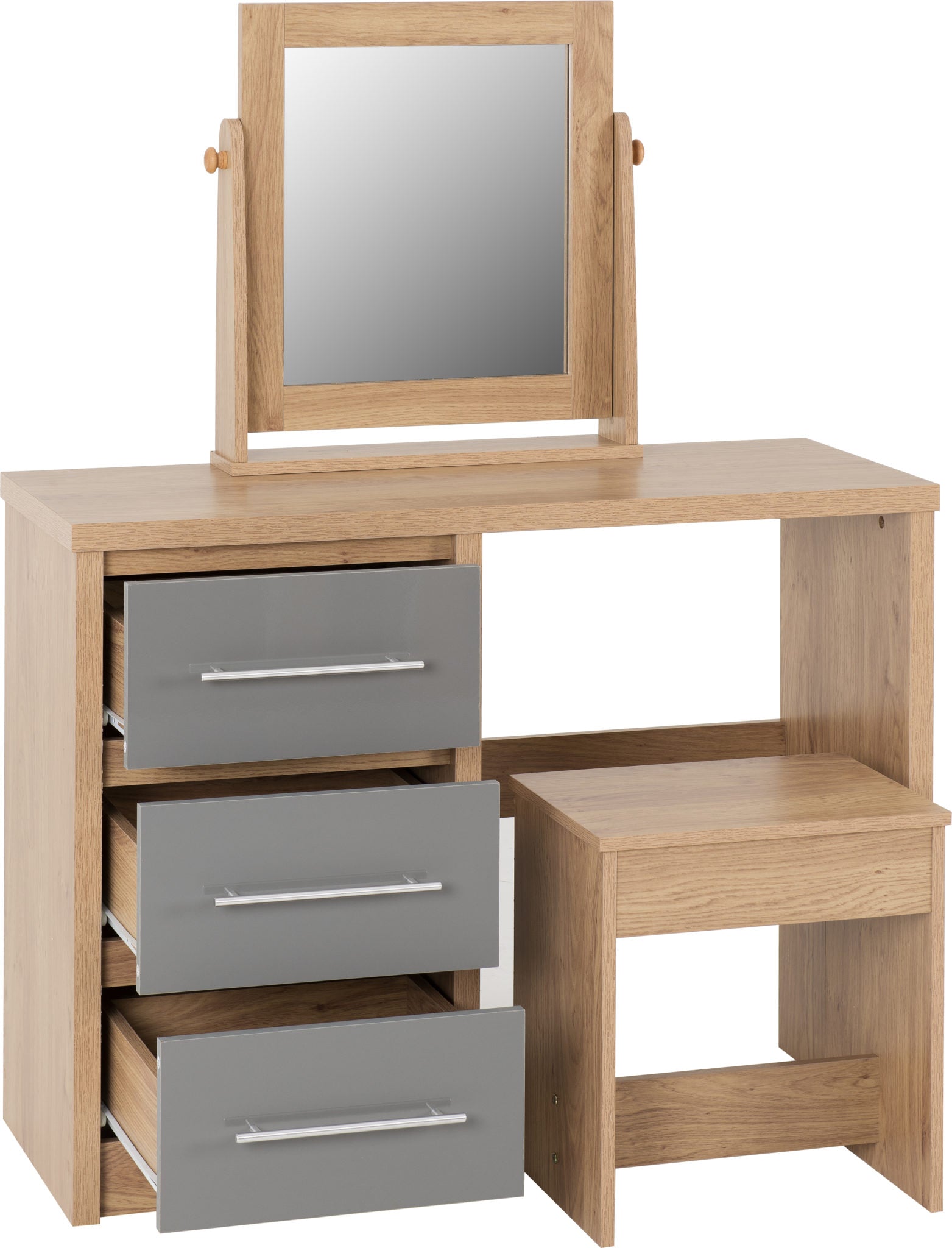 SEVILLE DRESSING TABLE SET - GREY GLOSS/LIGHT OAK EFFECT VENEER