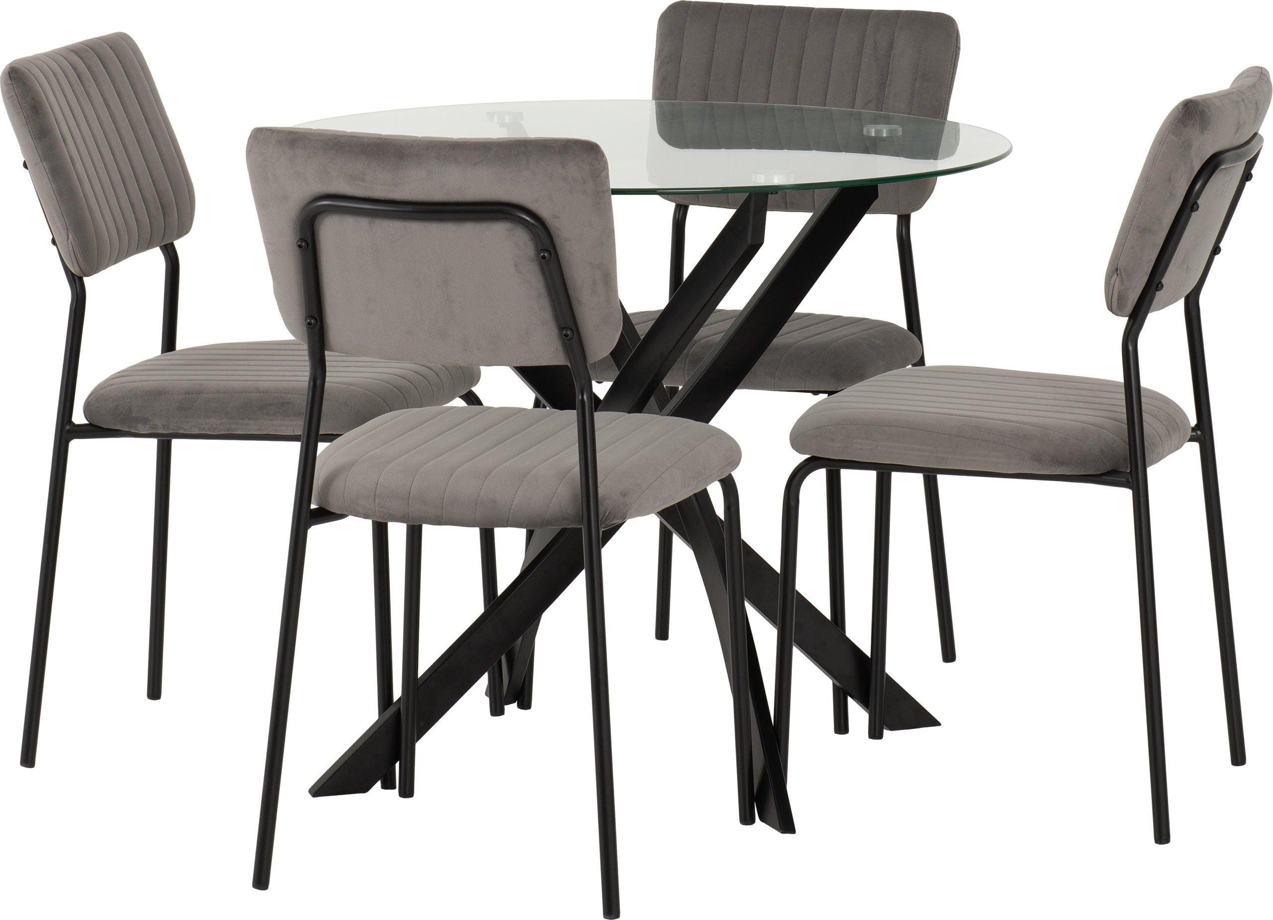 SHELDON ROUND GLASS TOP DINING SET (X4 CHAIRS) - CLEAR GLASS/GREY VELVET FABRIC