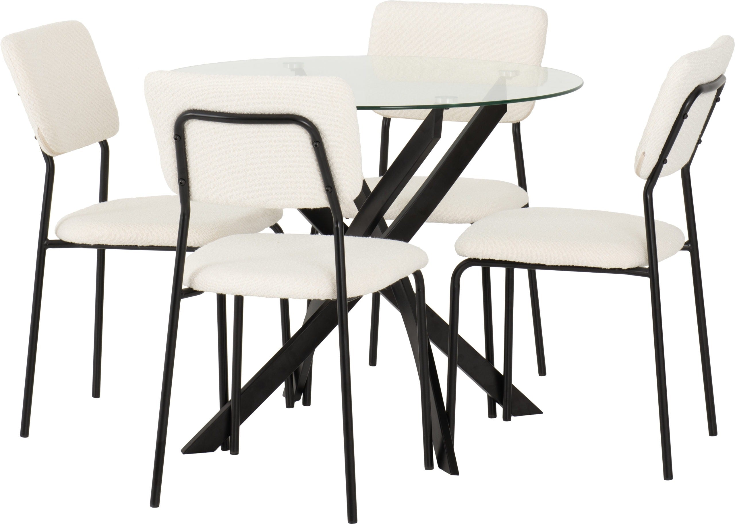 SHELDON ROUND GLASS TOP DINING SET (X4 CHAIRS) - CLEAR GLASS/IVORY BOUCLE FABRIC