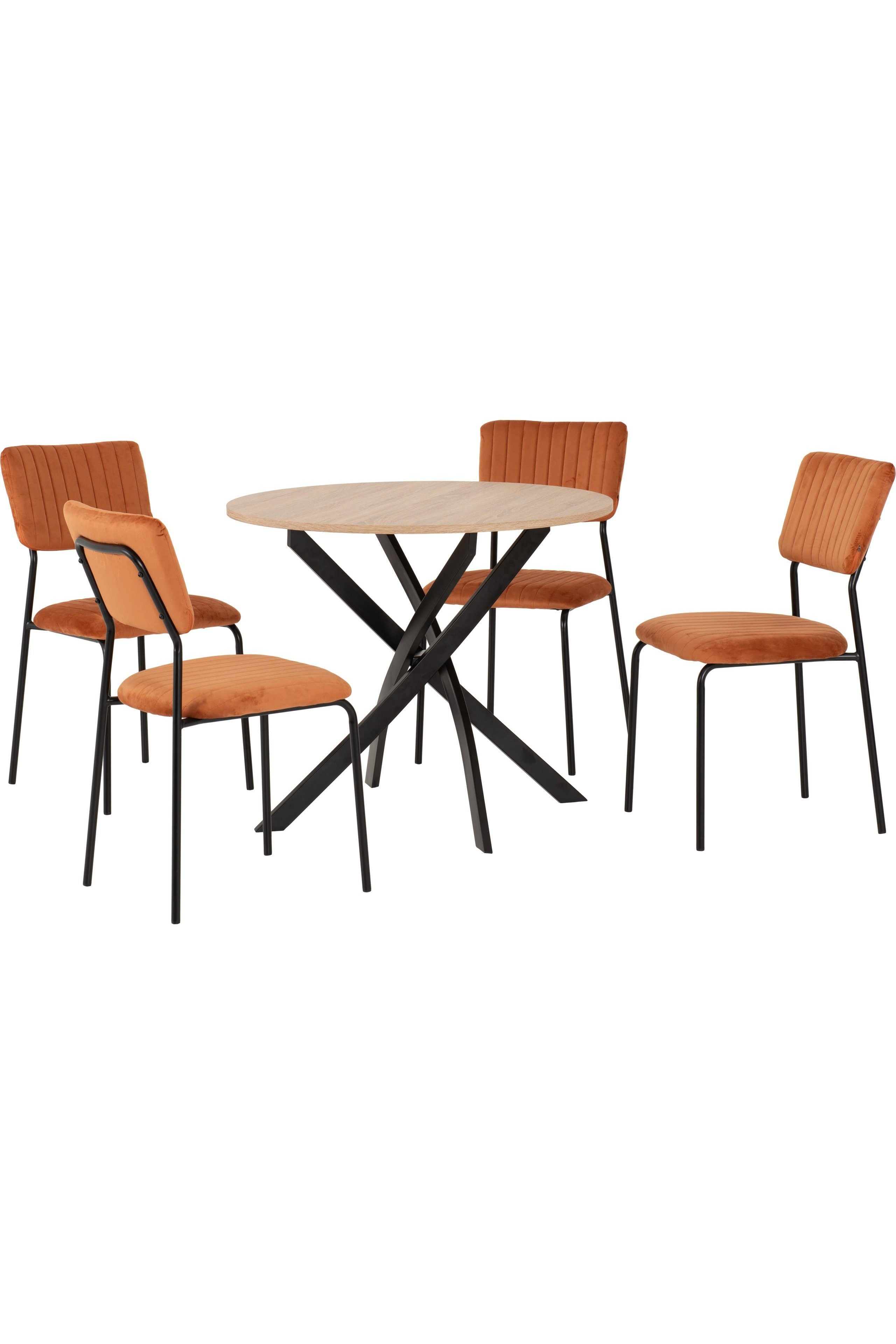 SHELDON ROUND WOODEN TOP DINING SET (X4 CHAIRS) - SONOMA OAK EFFECT/BURNT ORANGE VELVET FABRIC