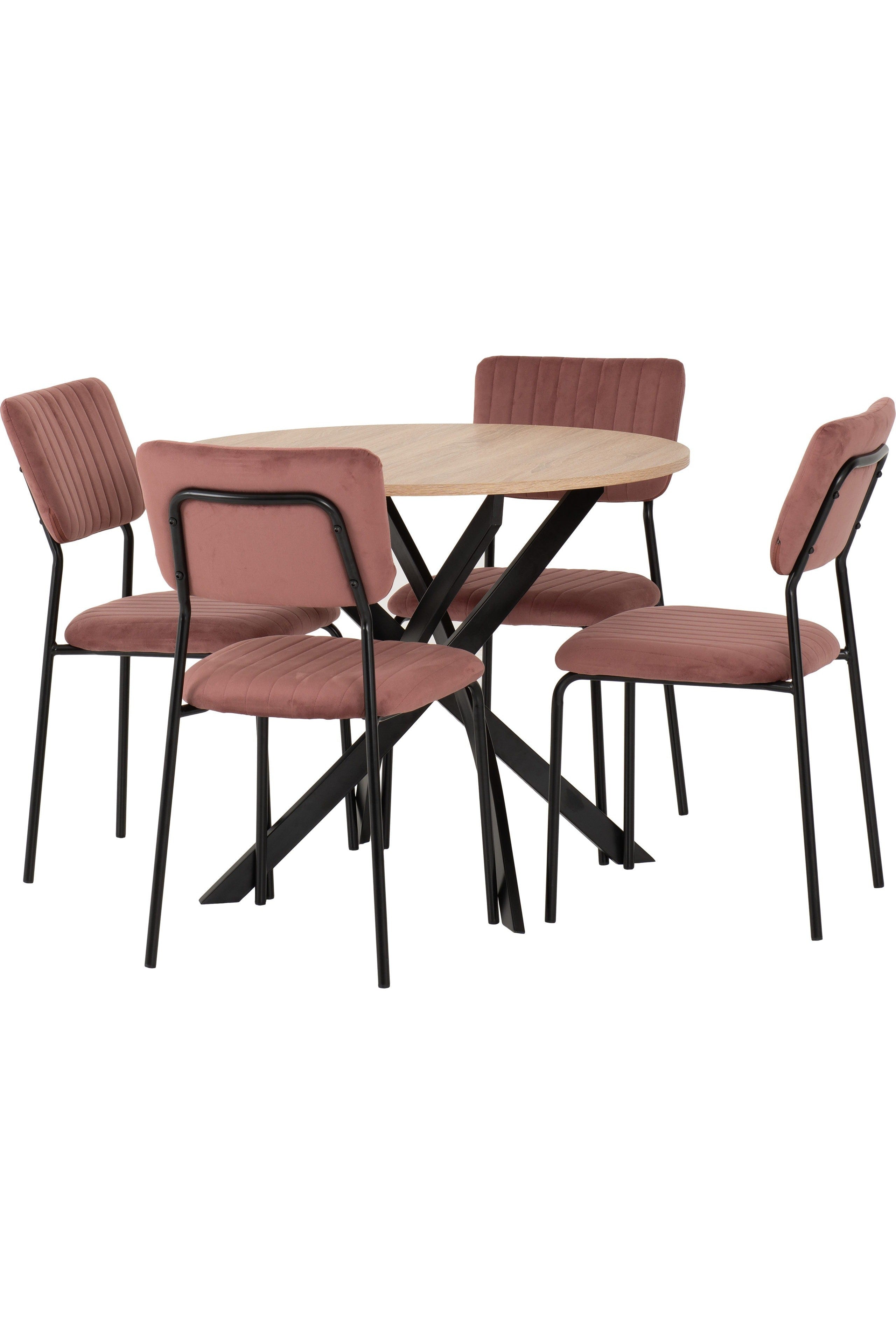 SHELDON ROUND WOODEN TOP DINING SET (X4 CHAIRS) - SONOMA OAK EFFECT/PINK VELVET FABRIC